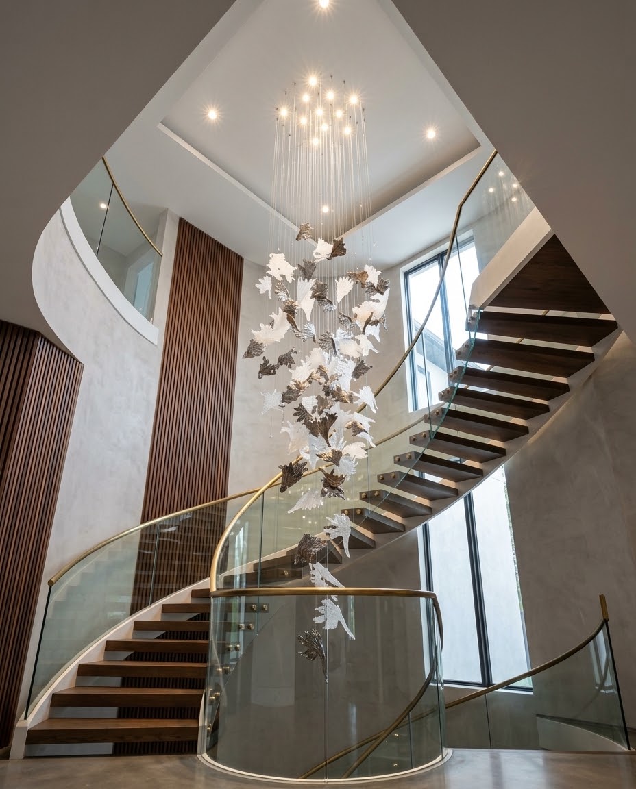 Modern 3M Drooping Leaf Glass Chandelier – Dual Tone Gray & Frosted Ceiling Light