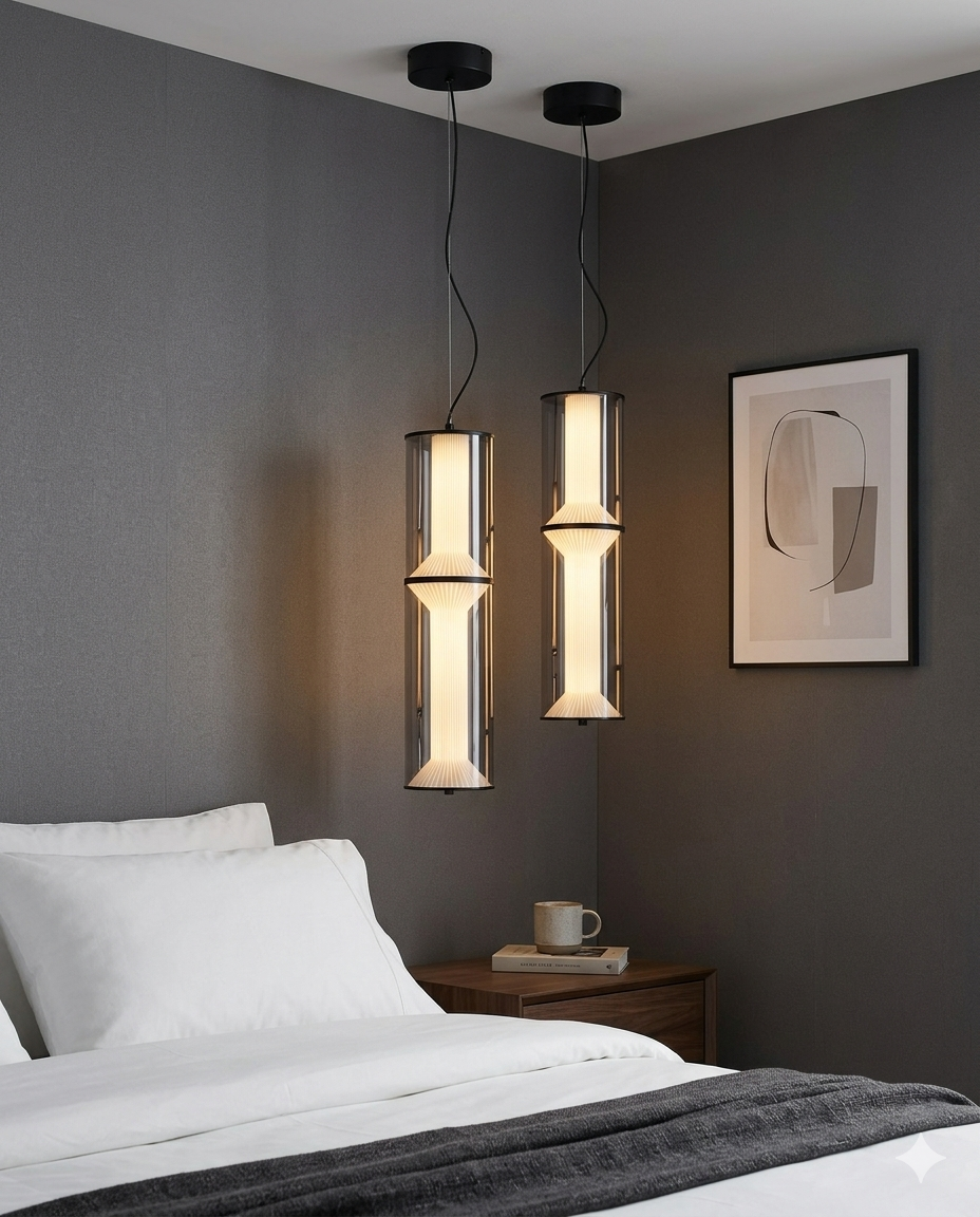 80cm Modern Smoke Grey LED Pendant Light – Minimalist Bedside Hanging Cylindrical Chandelier with 80cm Adjustable Cord