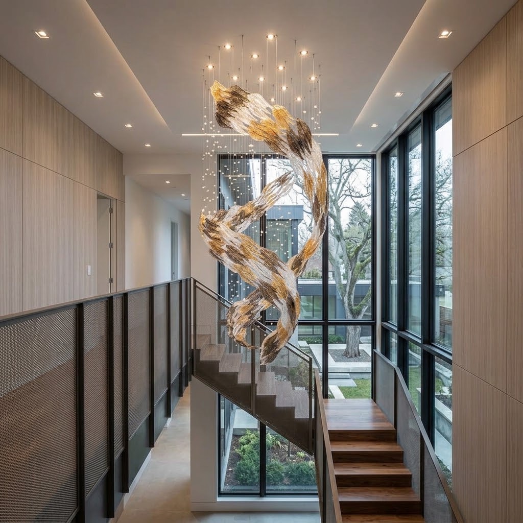 Celestial Whirlwind Custom Glass Chandelier – 80cm Tri-Color Ice Leaf & Crystal Rain Drop Feature Lighting