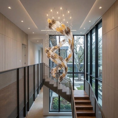 Celestial Whirlwind Custom Glass Chandelier – 80cm Tri-Color Ice Leaf & Crystal Rain Drop Feature Lighting
