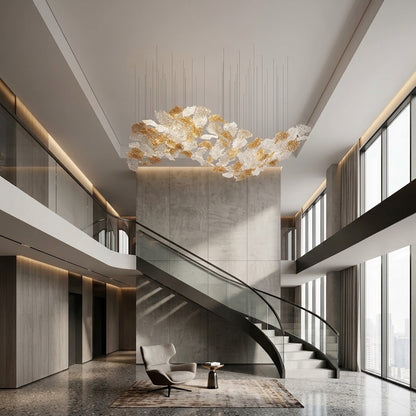 The Amber Cascade: Sculptural Frosted Leaf Wave Chandelier