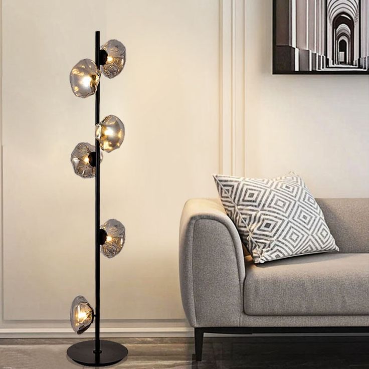 Six Smoky Glasses Chrome Floor Lamp – Modern Art Deco LED Standing Light with Glass Shades