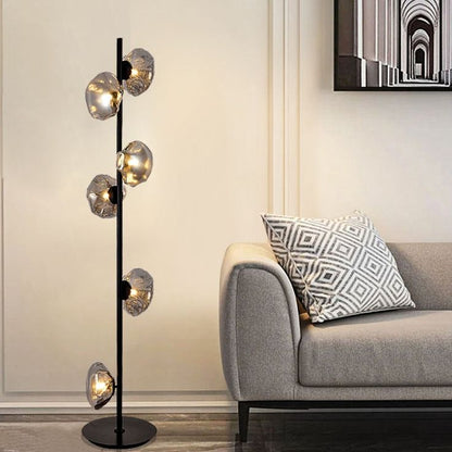 Six Smoky Glasses Chrome Floor Lamp – Modern Art Deco LED Standing Light with Glass Shades