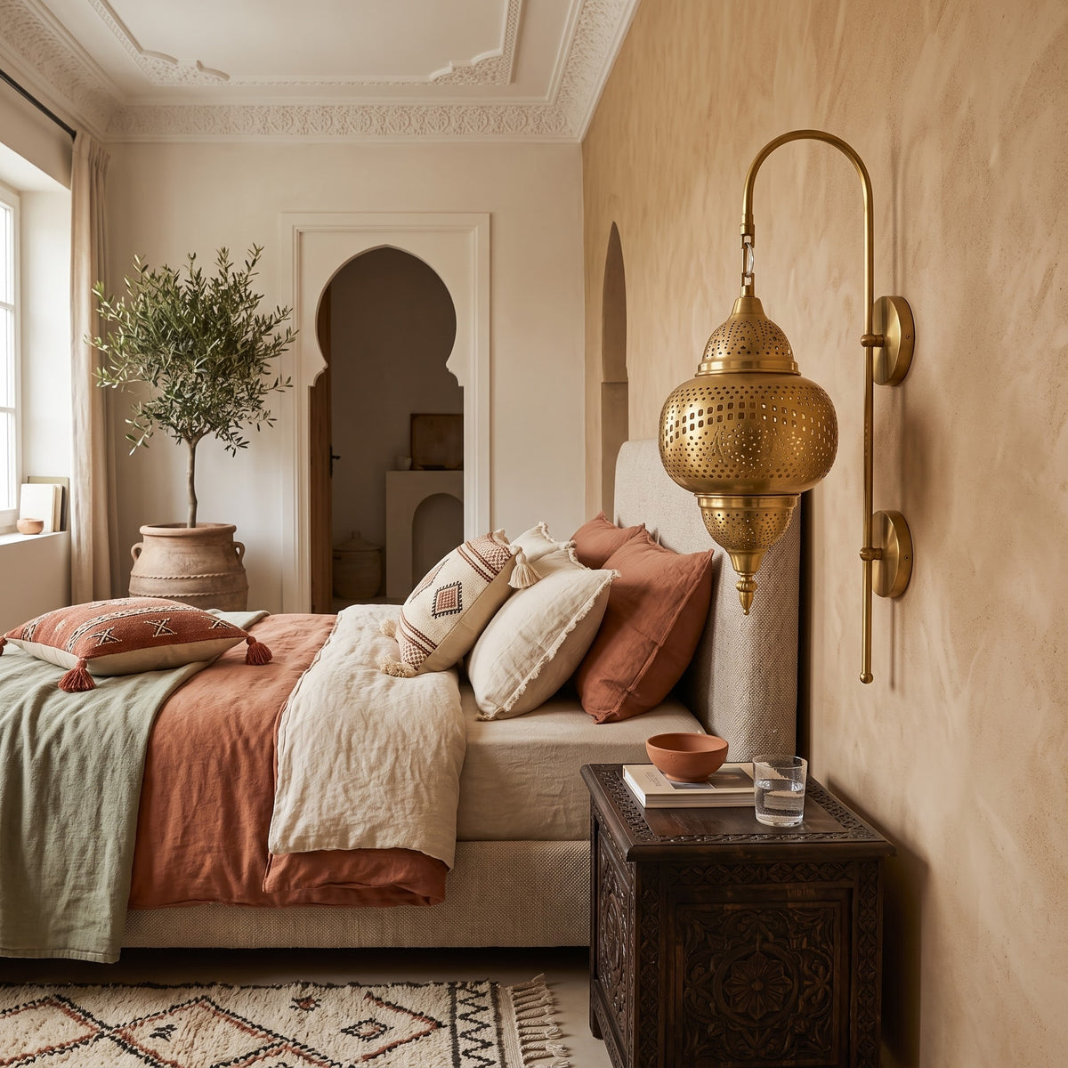 Vintage Moroccan Gold Stainless Steel Wall Light – Perforated Shadow Lantern Sconce