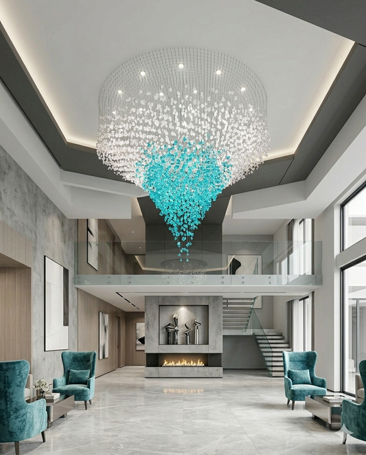 Luxury White & Teal Blue Crystal Chandelier – Custom Oval Drop Hanging Light
