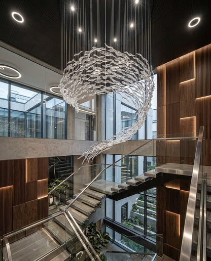 5m Large Modern Wave Glass Chandelier | Custom Double-Height Ceiling Lighting for High Ceiling Villa Foyers