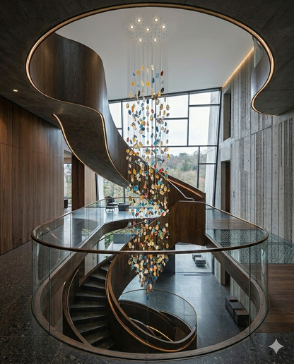 3M Luxury Multicolored Glass Stone Spiral Chandelier – 80cm Canopy for Grand Staircases & High Ceilings