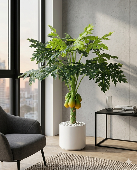 Artificial Papaya Fruit Tree in Elegant White Marble-Style Pot with Polished River Stones