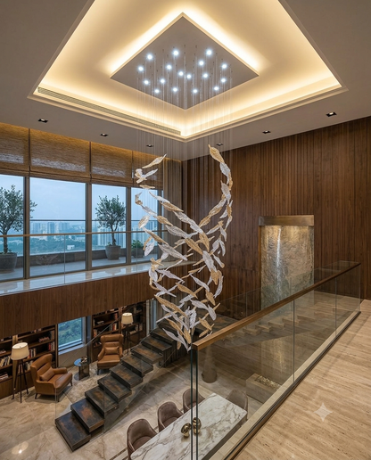 Custom 3M Double-Height Leaf Ring Chandelier | Amber & White