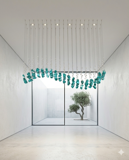 "Aqua-Wave" Custom LED Suspension Chandelier – Linear Teal Nugget and Crystal Strand Design (1.2m L x 30cm W)