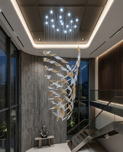 Custom 3M Double-Height Leaf Ring Chandelier | Amber & White