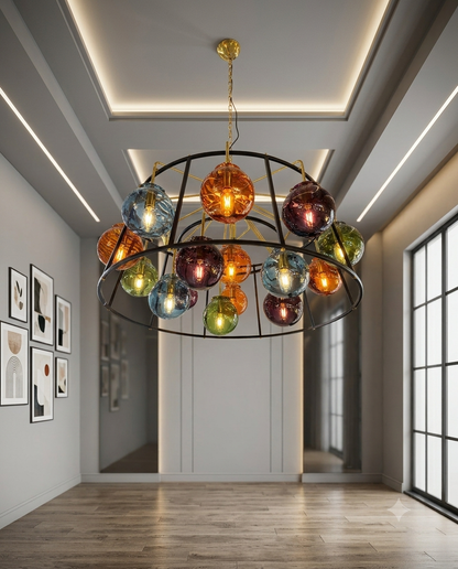 Modern Multicolor Glass Globe Chandelier – Pendant Light with E27 Blown Glass Balls (7-Light & 16-Light Options)