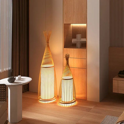 Handcrafted Bamboo Tapered Floor Lamp – Warm Ambient Light for Bedroom & Living Room Decor