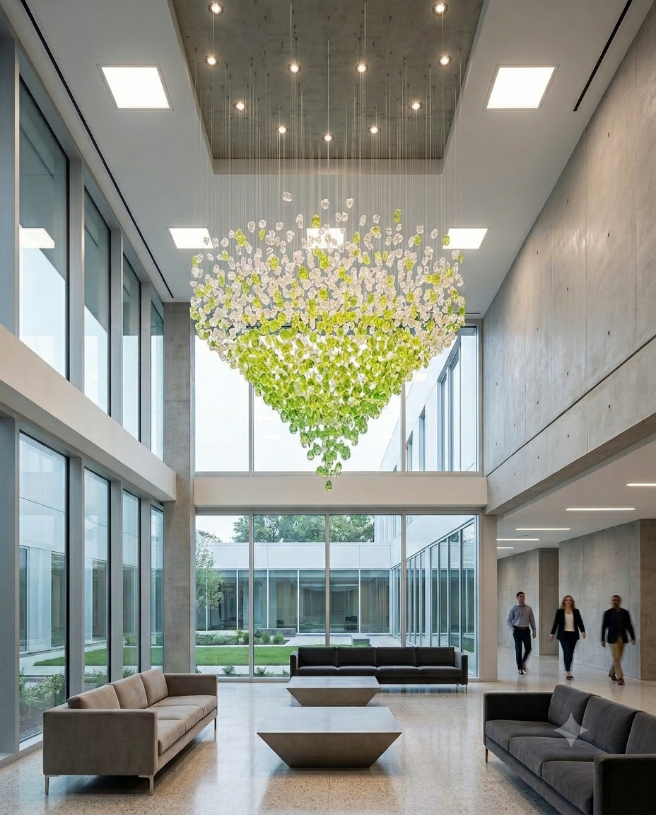 Custom Contemporary Round Chandelier (1.2m x 1.5m) - Soft Green & White Statement Light