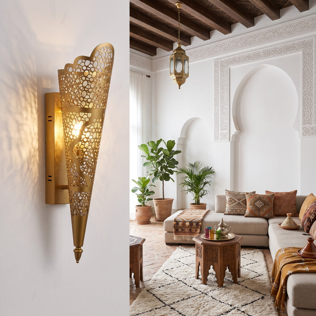 Moroccan Gold Wall Sconce Light – Brass-Look Stainless Steel Torch Light Fixture – Traditional Carved Lattice Wall Lam