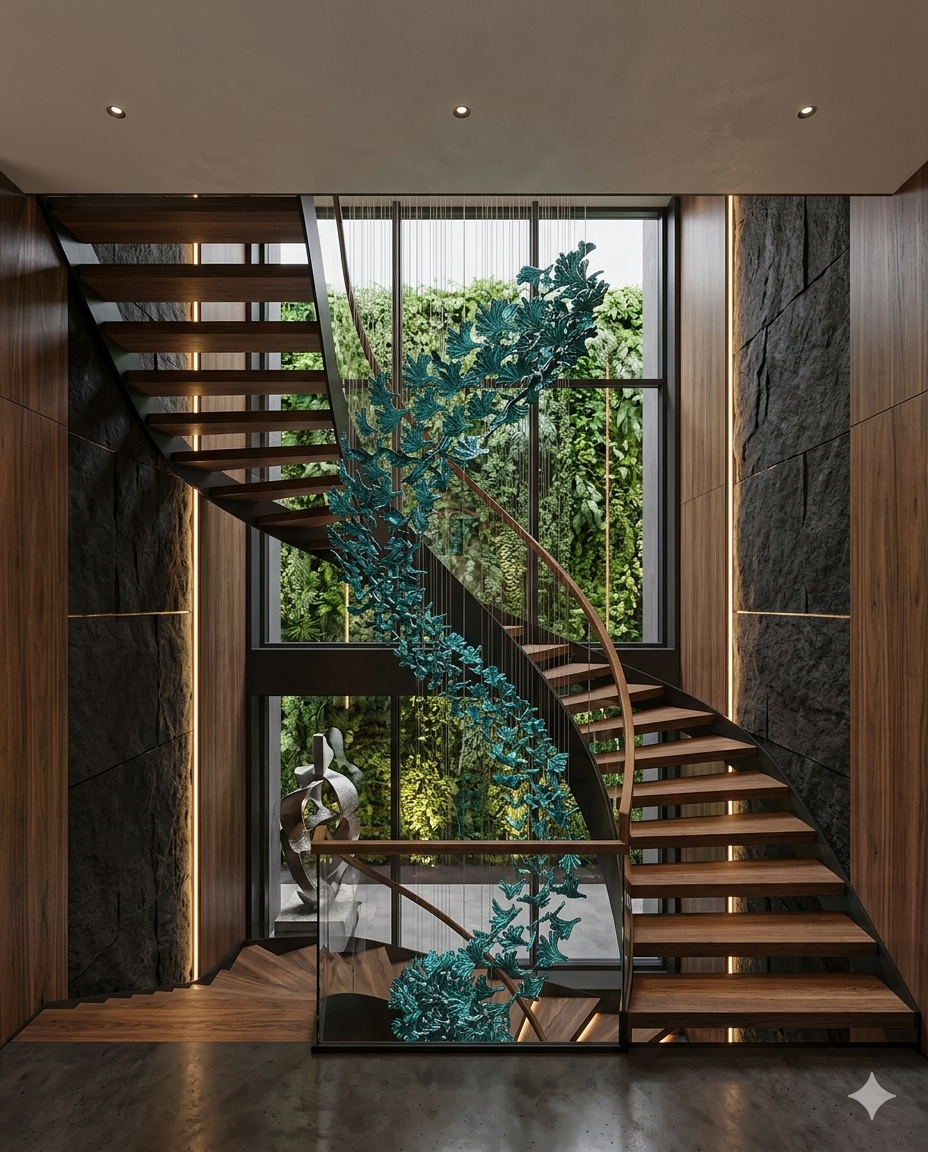 Custom 5M Teal Blue Hand-Blown Glass Leaf Spiral Chandelier with 1M Circular Ceiling Mount