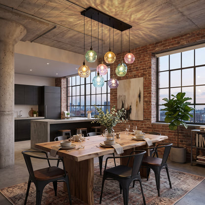 Multi-Colored Frosted Glass Ball Pendant Light – 9-Globe Linear Rectangular Ceiling Fixture