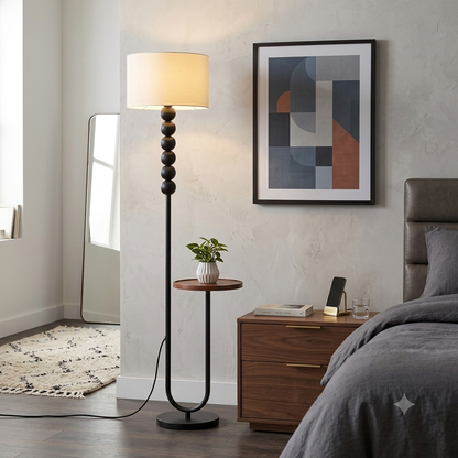 Modern Wood & Steel Floor Lamp with Built-in Accent Table and Silk Shade | 2-in-1 Minimalist Standing Light & Plant Stand