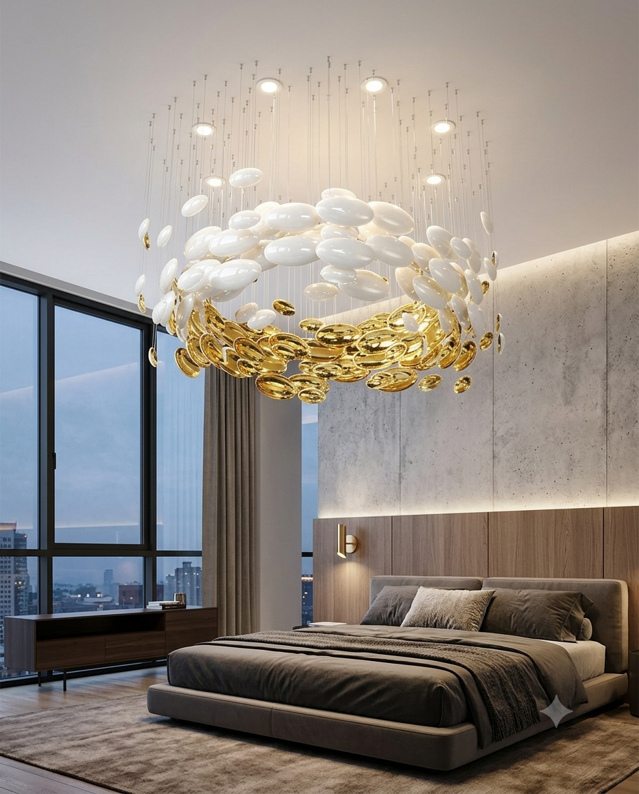 Modern Luxury Glass Chandelier - White & Gold Custom Round Pendant Light (1M x 80cm)