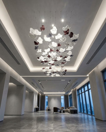 2m Modern Leaf Chandelier – Gold, White, Gray Glass Pendant