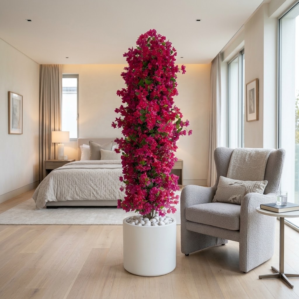 Luxurious 250cm Artificial Pink Flowering Tree in White Pot | Modern Indoor & Balcony Decor