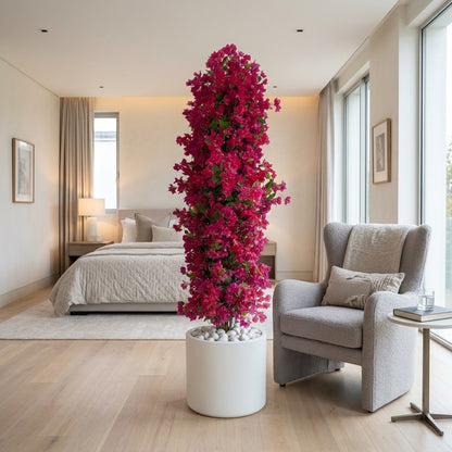 Luxurious 250cm Artificial Pink Flowering Tree in White Pot | Modern Indoor & Balcony Decor