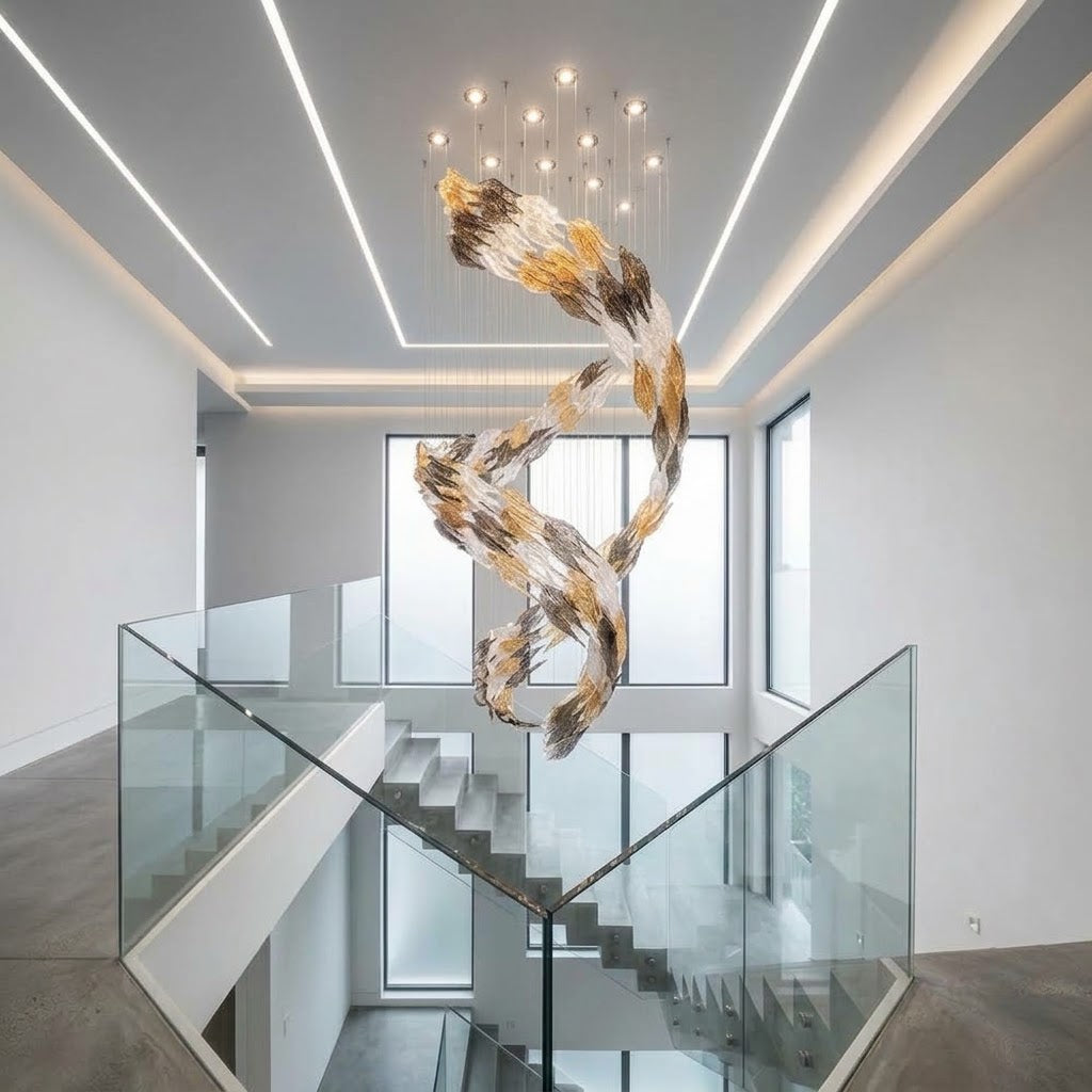 Celestial Whirlwind Custom Glass Chandelier – 80cm Tri-Color Ice Leaf & Crystal Rain Drop Feature Lighting