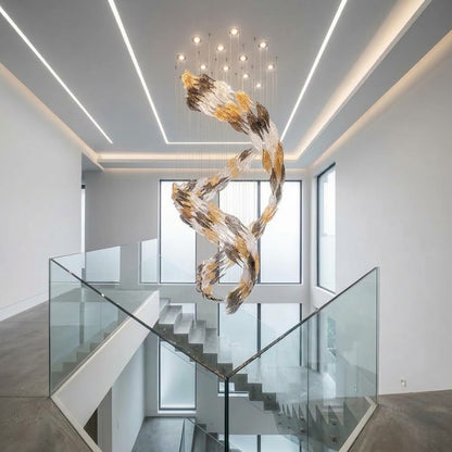 Celestial Whirlwind Custom Glass Chandelier – 80cm Tri-Color Ice Leaf & Crystal Rain Drop Feature Lighting