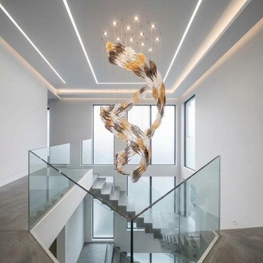 Celestial Whirlwind Custom Glass Chandelier – 80cm Tri-Color Ice Leaf & Crystal Rain Drop Feature Lighting