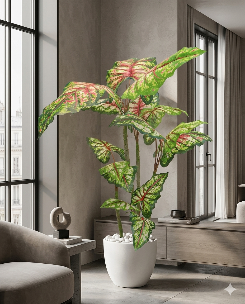 Artificial Caladium Tree in White Ceramic-Style Pot with River Stones