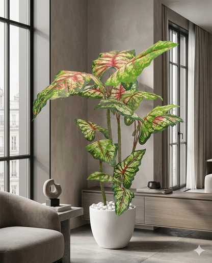 Artificial Caladium Tree in White Ceramic-Style Pot with River Stones