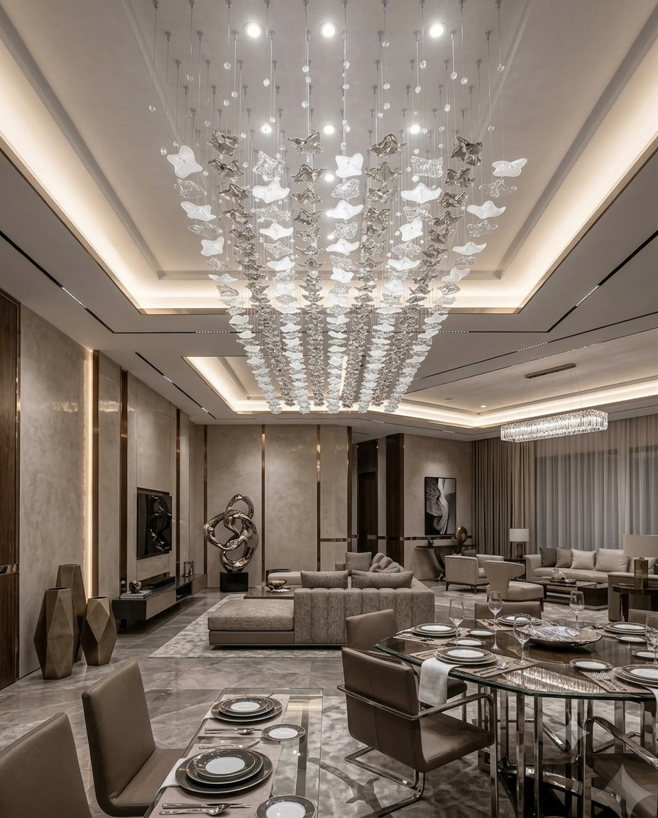 Monarch 3M Custom Glass Chandelier – Luxury Silver, Clear & White Rectangular Pendant Light