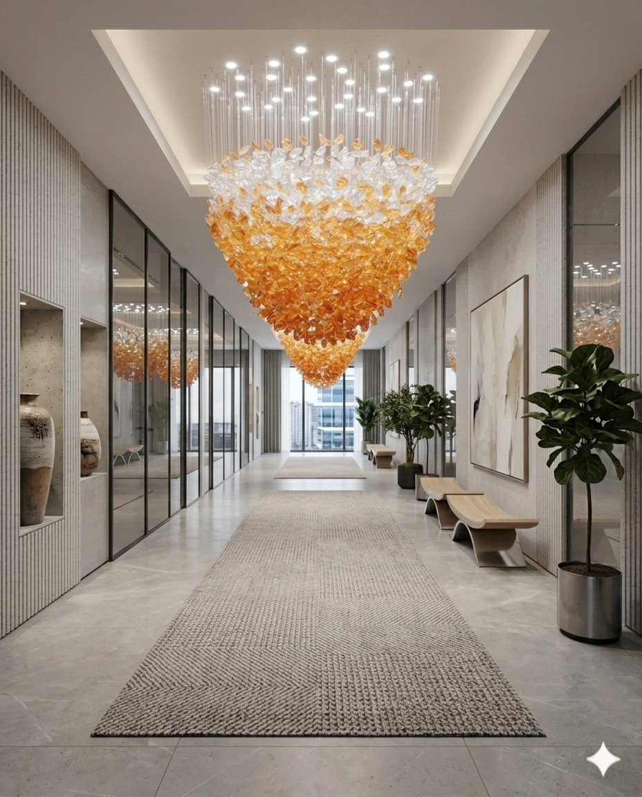 Custom Orange & White Modern Hanging Light for Hallway, Staircase & High Ceiling Interior