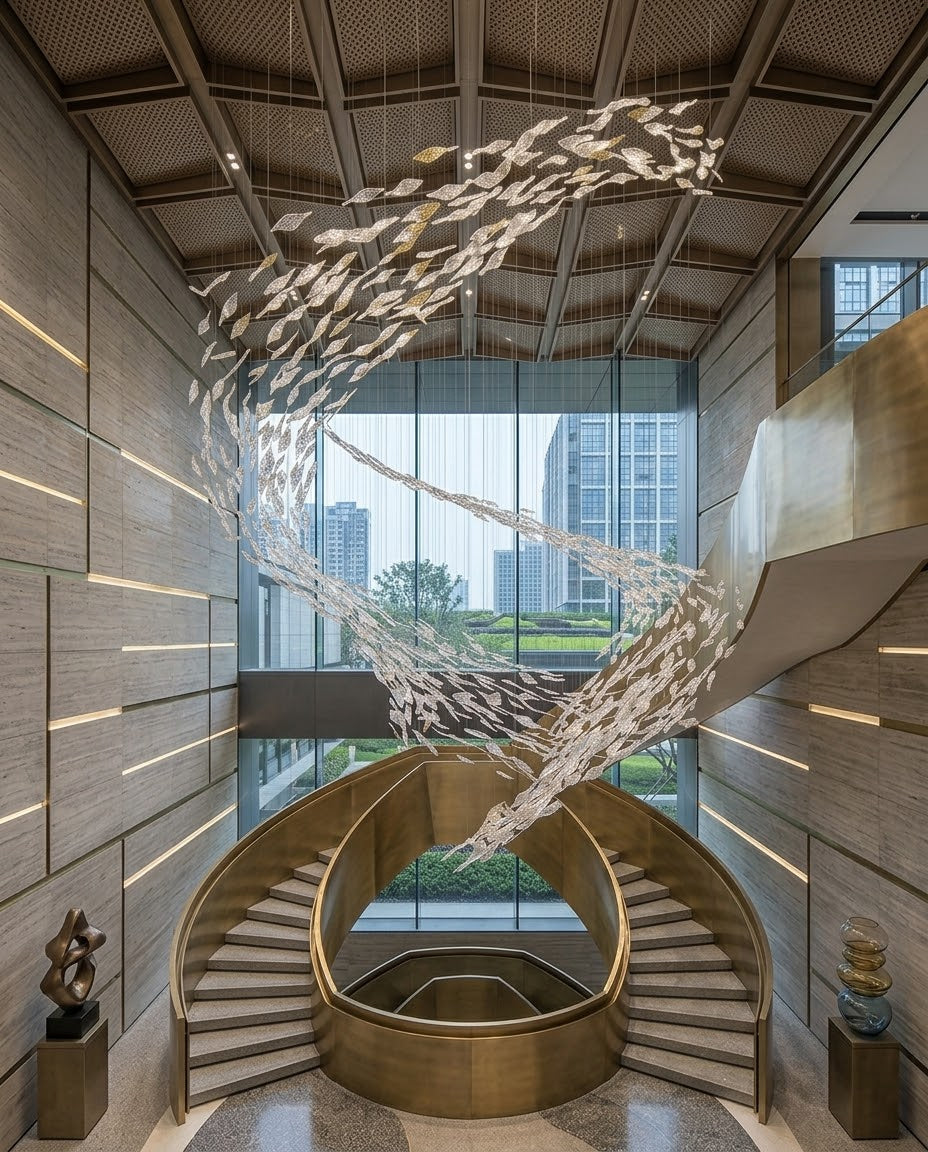 Luxury 5M Two-Layer Clear Glass Swarm Chandelier for Staircase Atrium