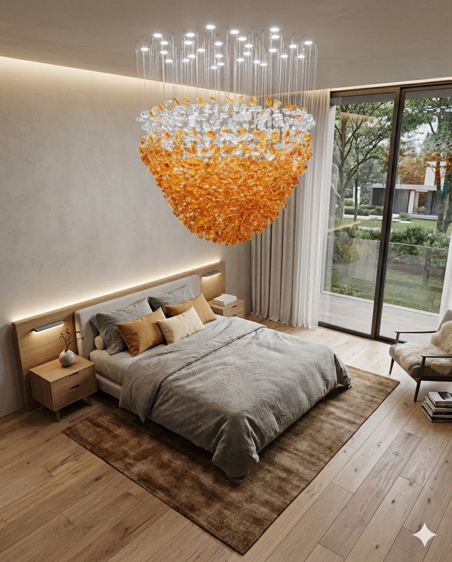 Custom Orange & White Modern Hanging Light for Hallway, Staircase & High Ceiling Interior