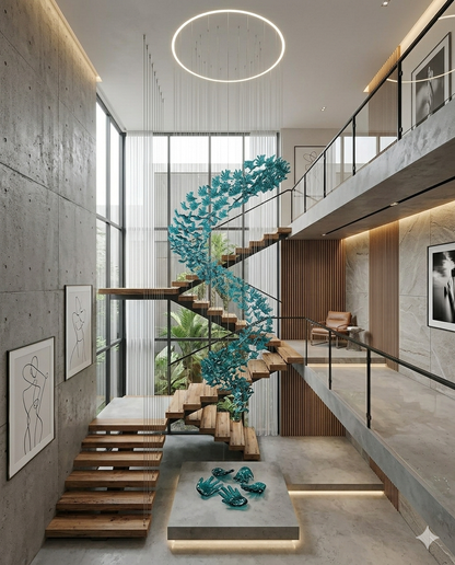 Custom 5M Teal Blue Hand-Blown Glass Leaf Spiral Chandelier with 1M Circular Ceiling Mount
