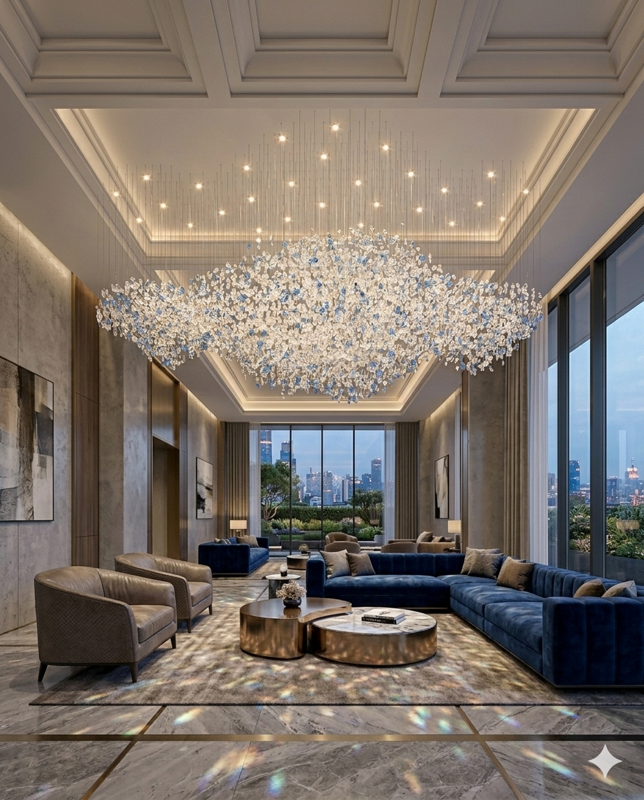 Custom 2M Modern Blue and White Stone Chandelier – Luxury Floating Cloud Design Light