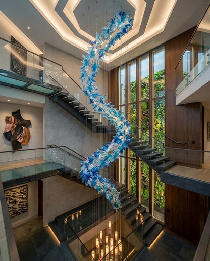Contemporary 5M Blue & Clear Glass Snake Chandelier | Custom High-Ceiling Staircase Lighting