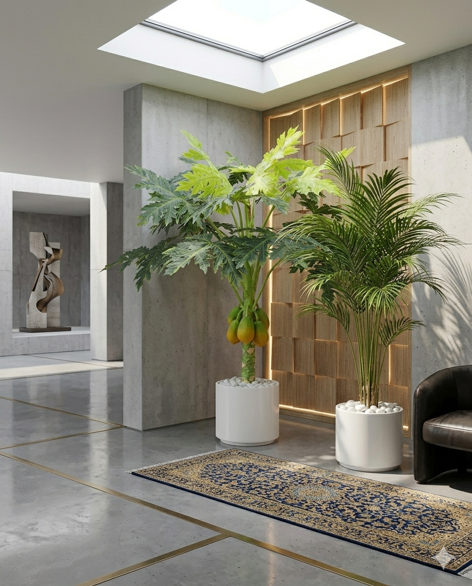 Artificial Papaya Fruit Tree in Elegant White Marble-Style Pot with Polished River Stones