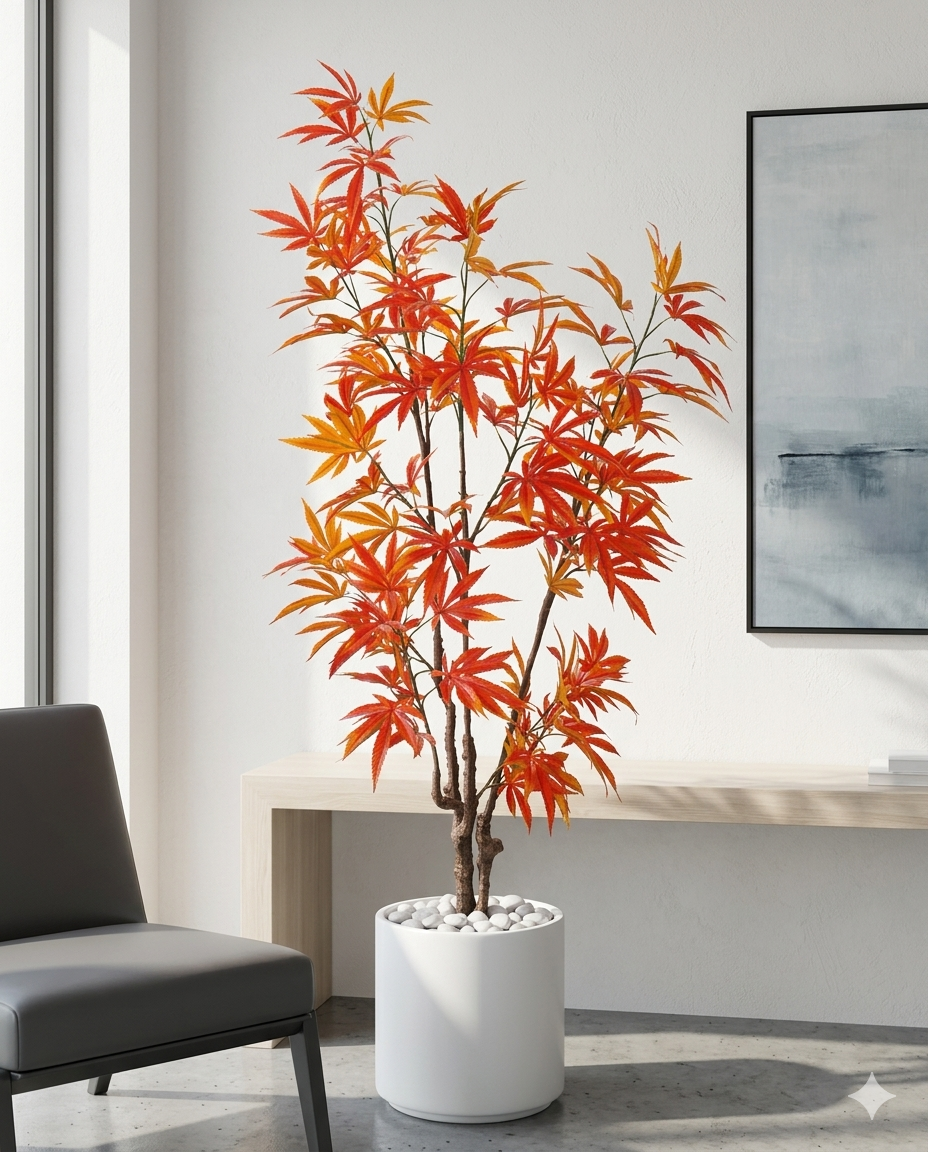 Artificial Orange Maple Tree with White Marble Pot – Modern Decorative Indoor Plant