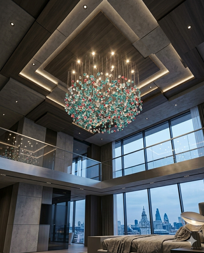 Custom 1M Round Stone Chandelier Teal Blue, Red & White