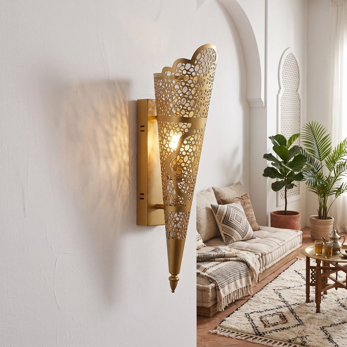 Moroccan Gold Wall Sconce Light – Brass-Look Stainless Steel Torch Light Fixture – Traditional Carved Lattice Wall Lam