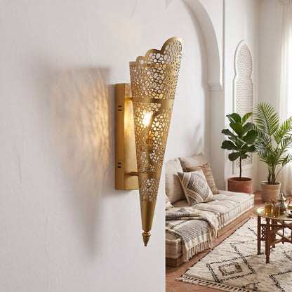Moroccan Gold Wall Sconce Light – Brass-Look Stainless Steel Torch Light Fixture – Traditional Carved Lattice Wall Lam