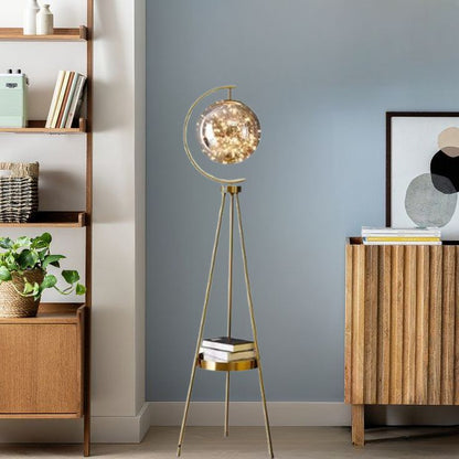 Luxury Tripod Globe Floor Lamp with Shelf – Modern Gold Standing Lamp Gold/Black