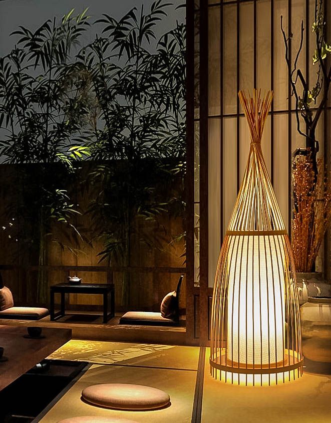 Handcrafted Bamboo Tapered Floor Lamp – Warm Ambient Light for Bedroom & Living Room Decor