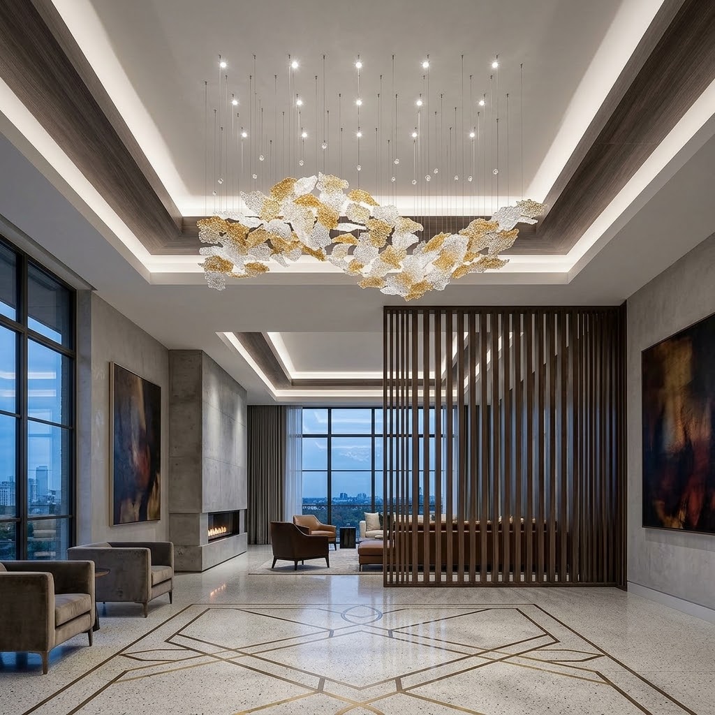 The Amber Cascade: Sculptural Frosted Leaf Wave Chandelier
