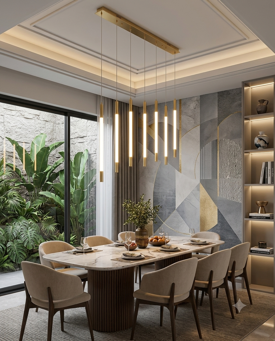 Modern Minimalist 9-Light Rectangular Linear Chandelier for Dining Table – Rose Gold / Warm White (3000K, 120cm, 45W)