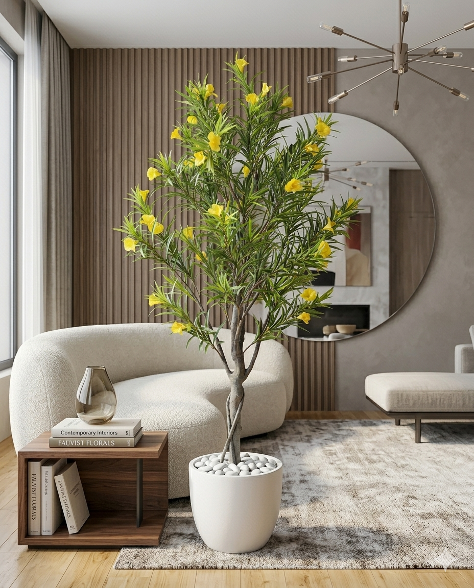 Artificial Cascabela Thevetia Tree (Yellow Oleander) in Luxe White Marble-Finish Pot