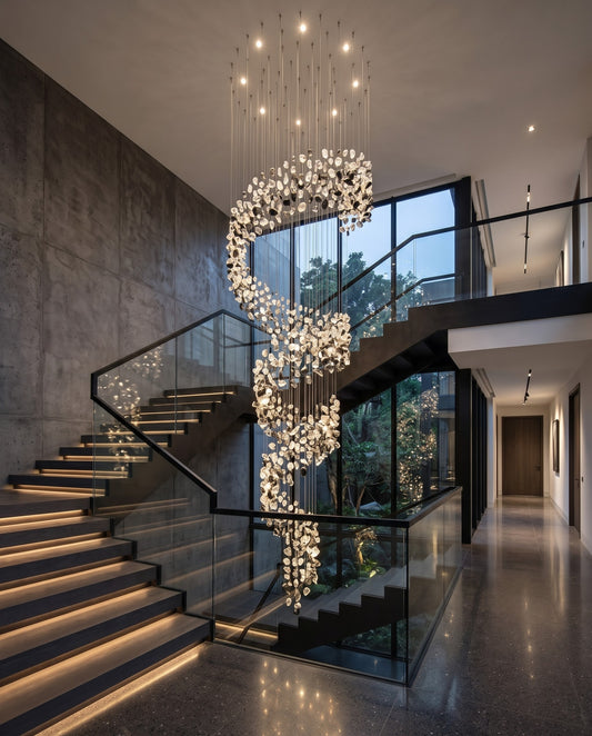 Custom Spiral Crystal Chandelier – 3M Modern Mixed Black & Clear Drop Light for Staircases & Double-Height Foyers