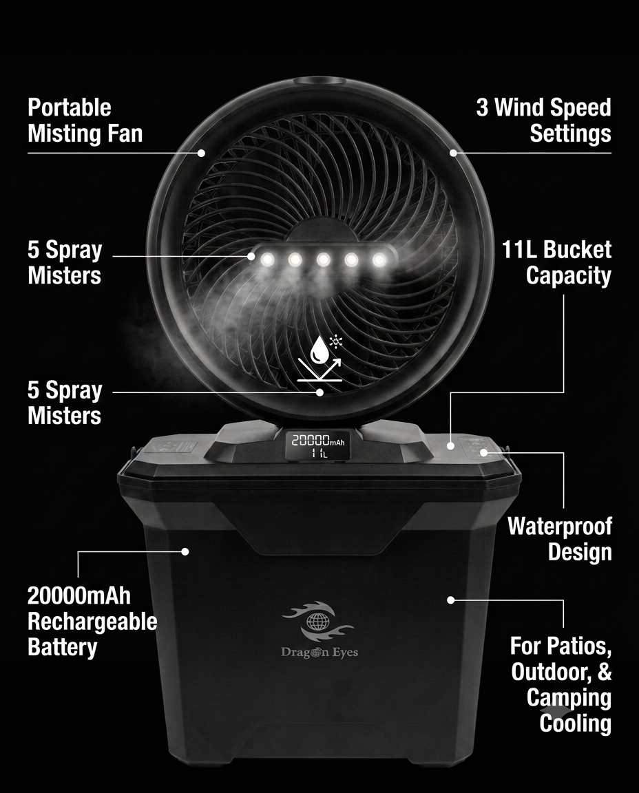 Portable Air Cooler & Outdoor Misting Fan with 11L Bucket Tank | 20000mAh Battery Powered Water Cooling Fan for Patio